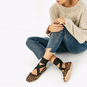 Zara Lace-up Leather Ballet flats leopard animal US 6 EU 36 NWT